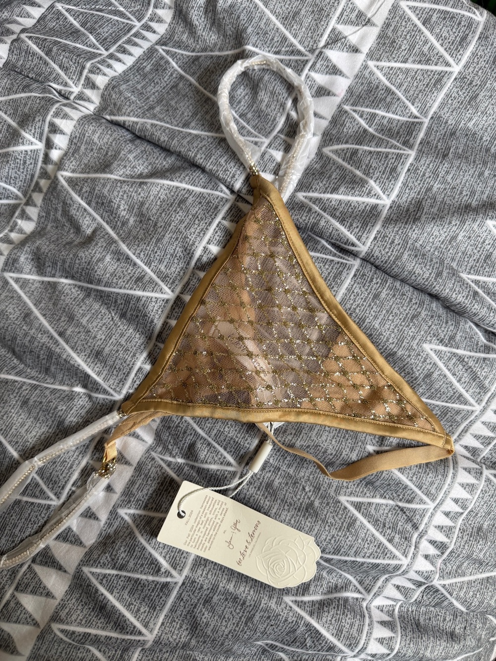 For Love & Lemons Metallic Gold Mesh Thong